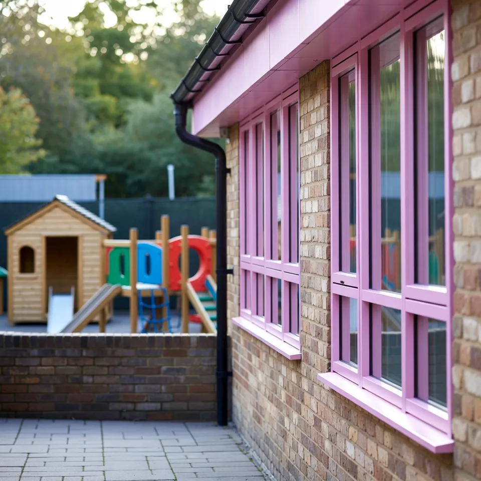 School or nursery building with pink window frames next to a brick wall and playground.